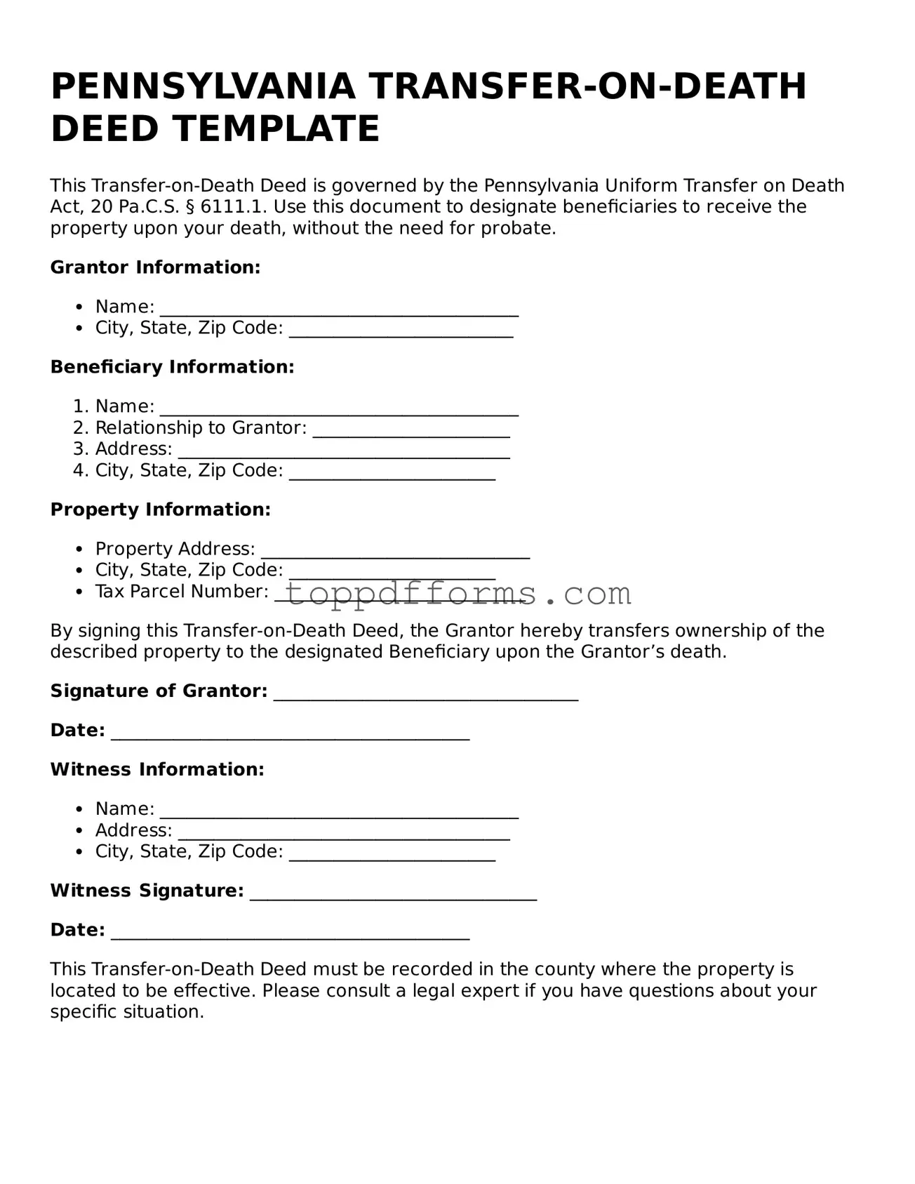 Transfer-on-Death Deed Document for Pennsylvania State