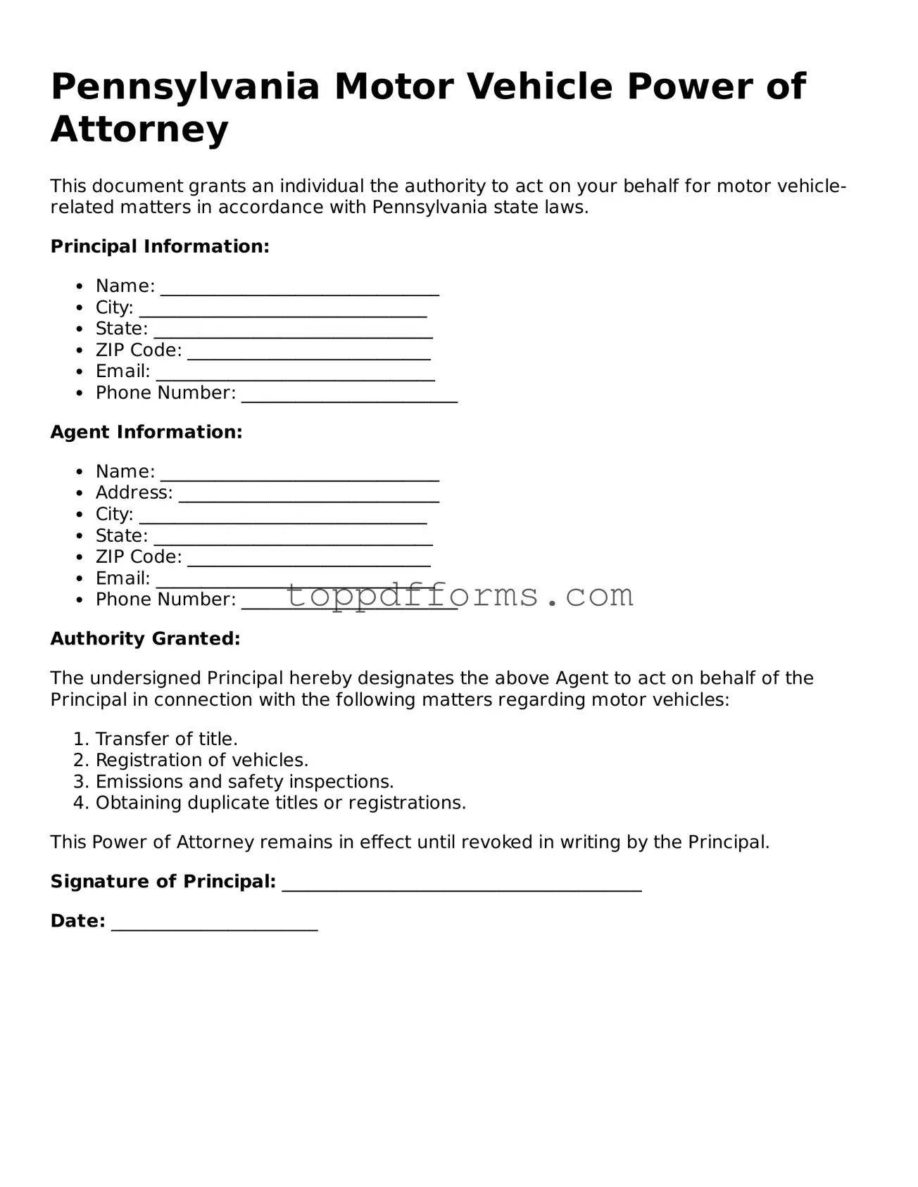 Motor Vehicle Power of Attorney Document for Pennsylvania State
