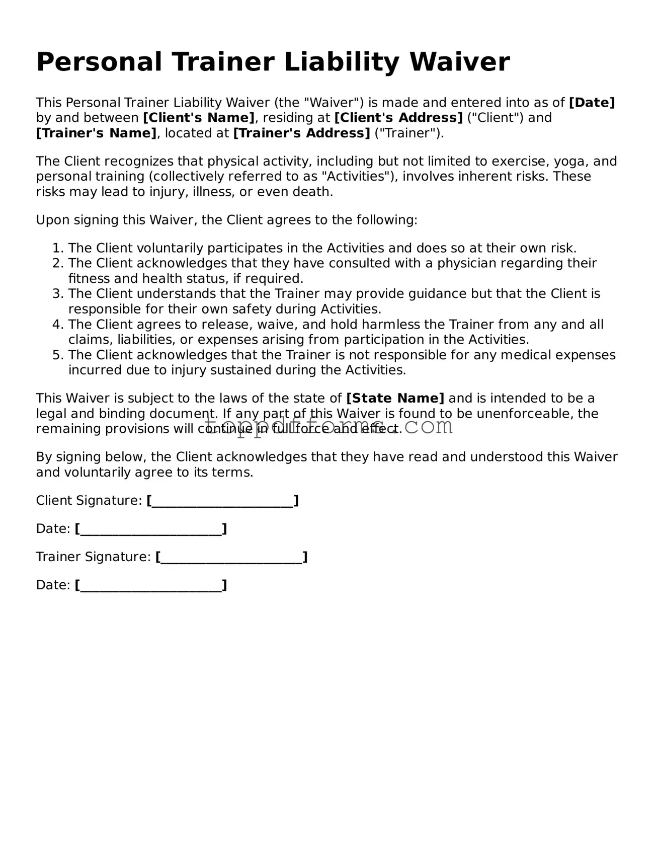 Free Personal Trainer Liability Waiver Template