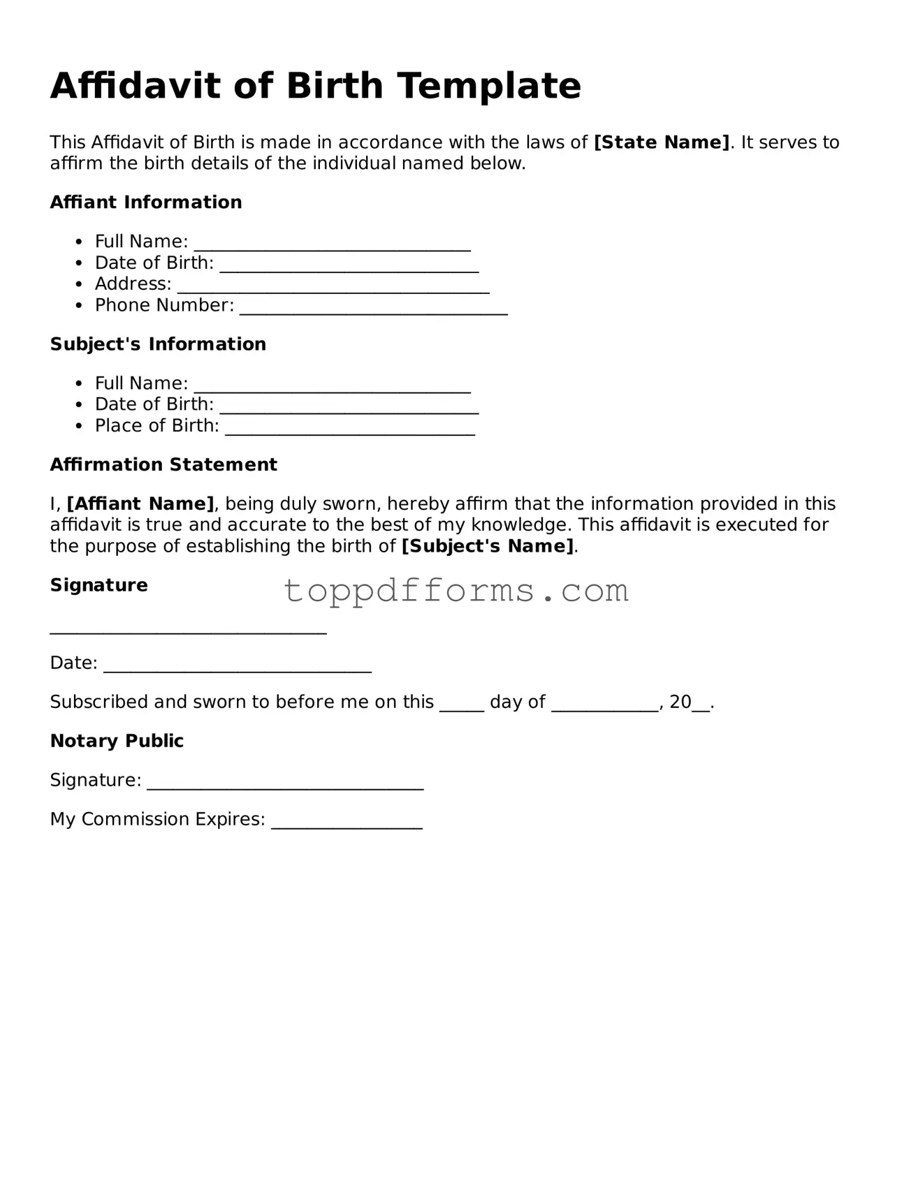 Free Affidavit of Birth Template