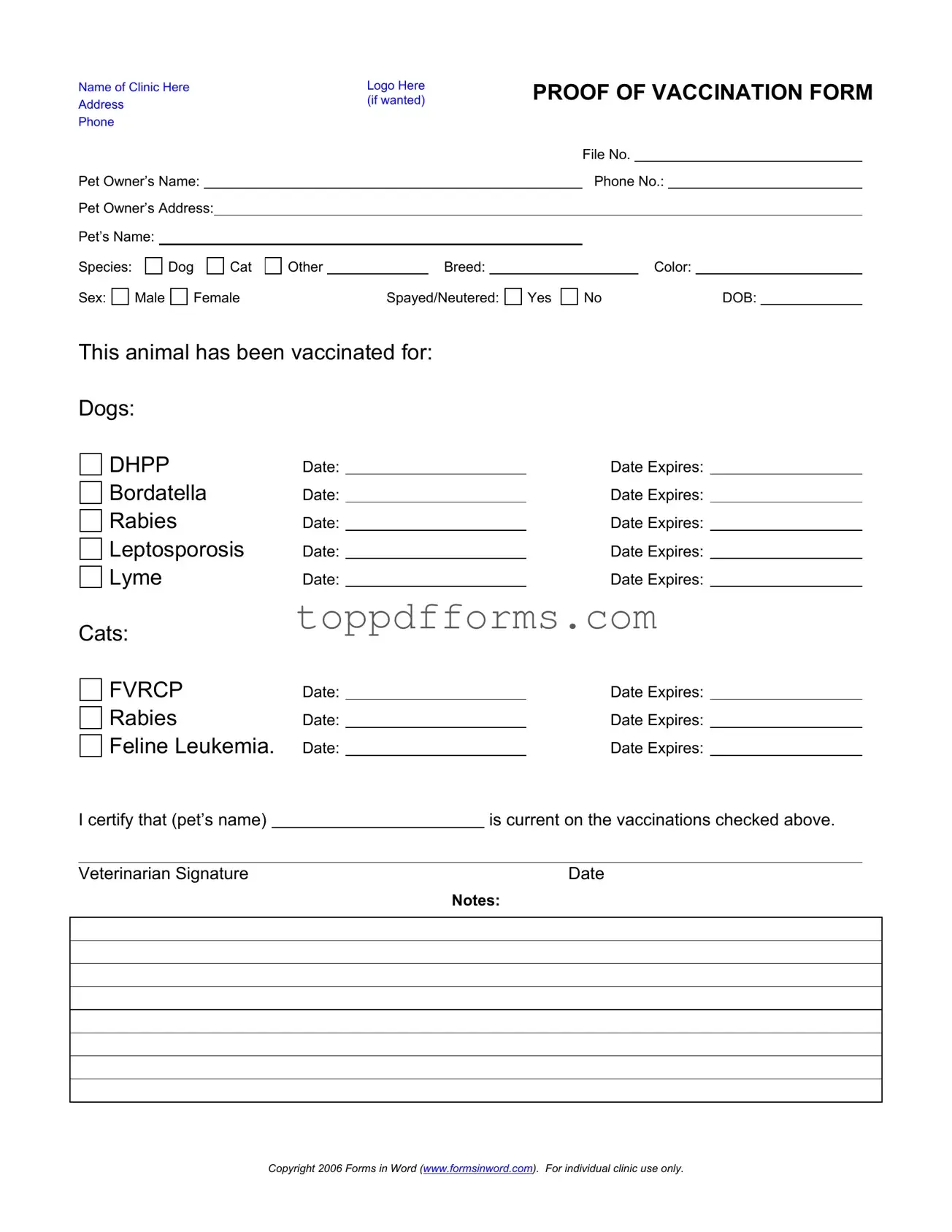 Free Proof Of Vaccination Dog Form