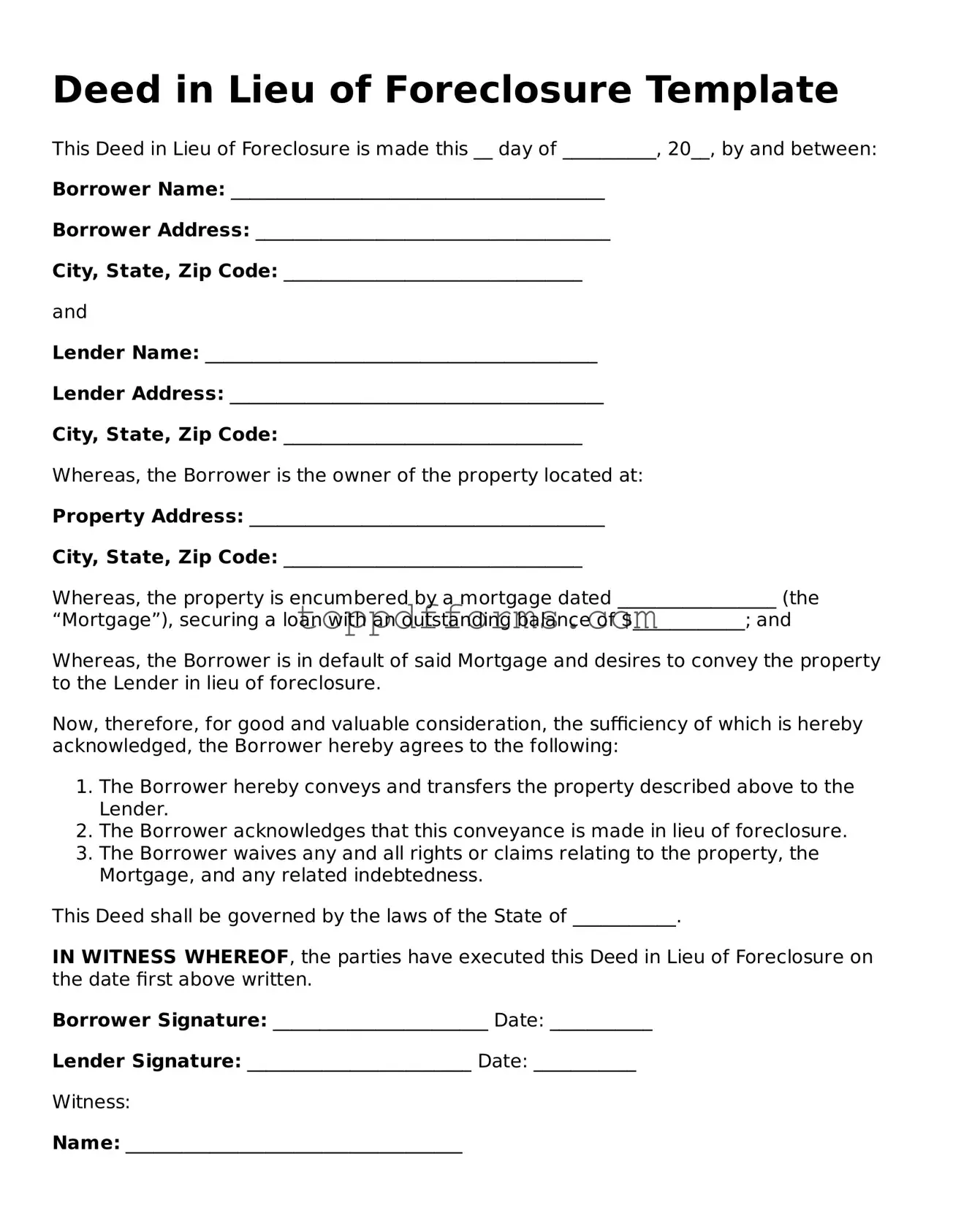Free Deed in Lieu of Foreclosure Template