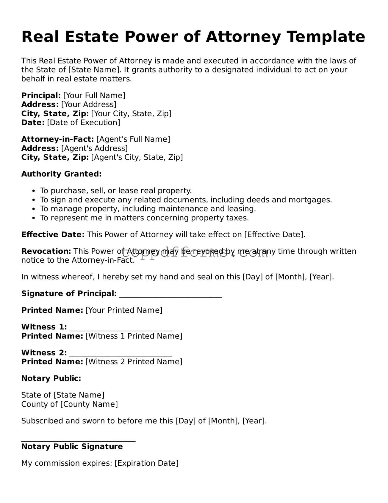 Free Real Estate Power of Attorney Template