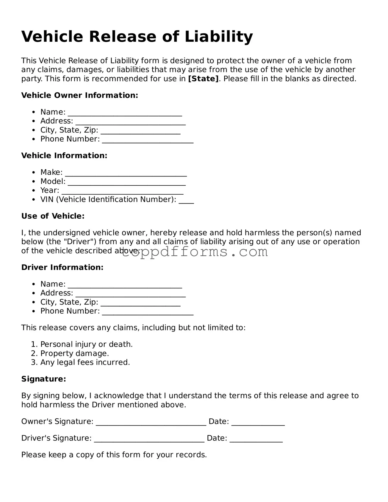 Free Vehicle Release of Liability Template