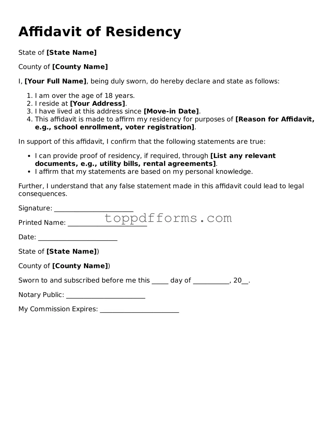Free Affidavit of Residency Template
