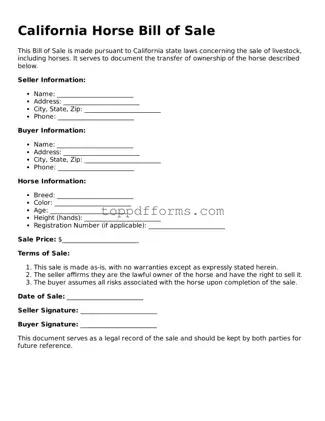 Horse Bill of Sale Document for California State