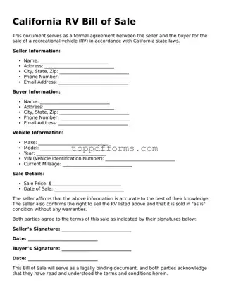 RV Bill of Sale Document for California State