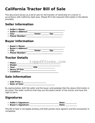 Tractor Bill of Sale Document for California State