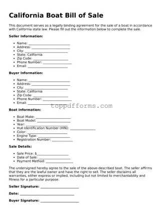 Boat Bill of Sale Document for California State