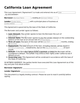 Loan Agreement Document for California State