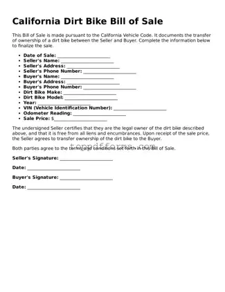Dirt Bike Bill of Sale Document for California State