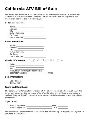 ATV Bill of Sale Document for California State