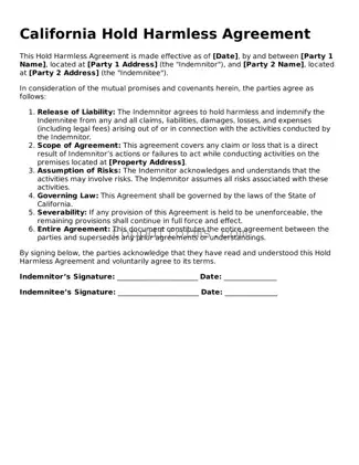 Hold Harmless Agreement Document for California State