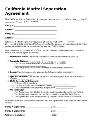 Marital Separation Agreement Document for California State