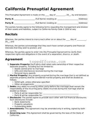 Prenuptial Agreement Document for California State
