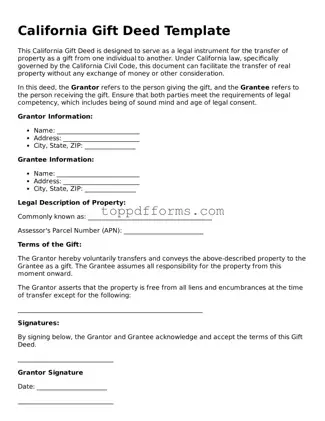 Gift Deed Document for California State