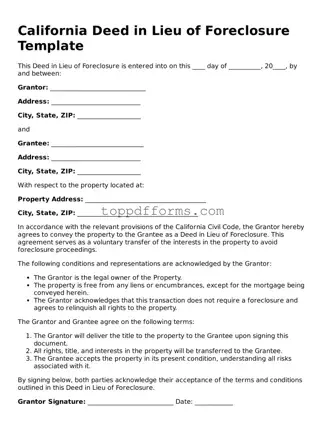 Deed in Lieu of Foreclosure Document for California State
