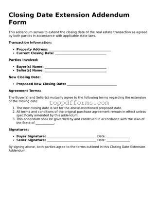 Free Closing Date Extension Addendum Form Template