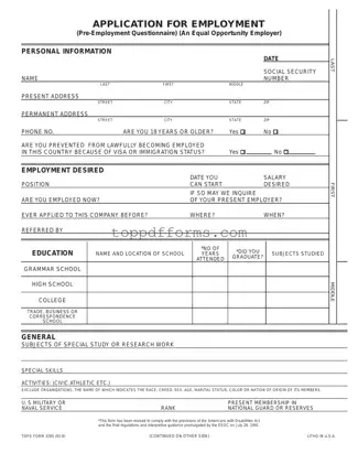 Free Employment Application Pdf Form