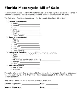 Motorcycle Bill of Sale Document for Florida State