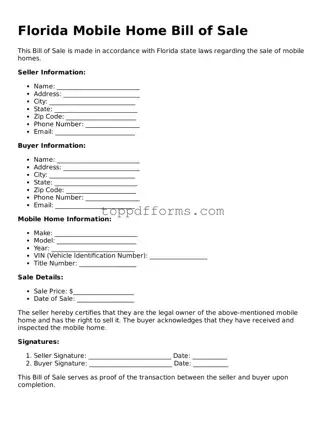 Mobile Home Bill of Sale Document for Florida State