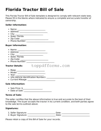 Tractor Bill of Sale Document for Florida State