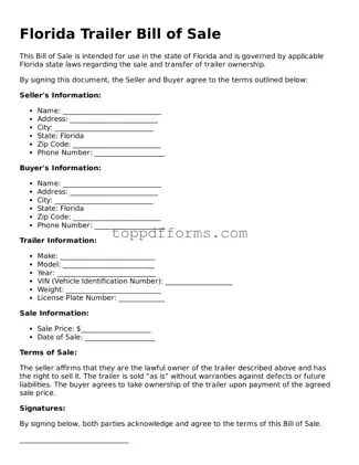 Trailer Bill of Sale Document for Florida State