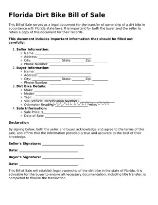 Dirt Bike Bill of Sale Document for Florida State