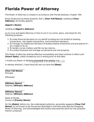 Power of Attorney Document for Florida State