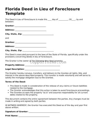 Deed in Lieu of Foreclosure Document for Florida State