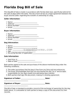 Dog Bill of Sale Document for Florida State