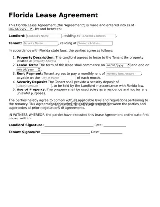 Lease Agreement Document for Florida State