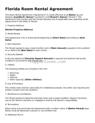 Room Rental Agreement Document for Florida State