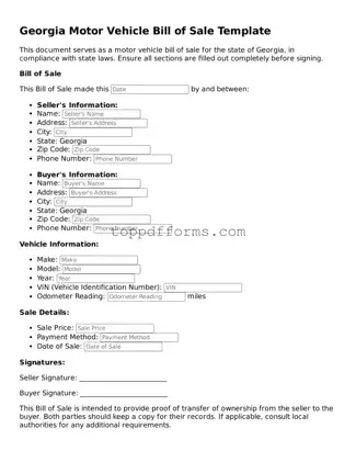 Motor Vehicle Bill of Sale Document for Georgia State