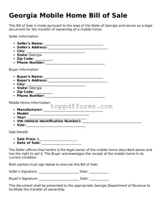 Mobile Home Bill of Sale Document for Georgia State