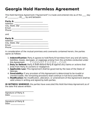 Hold Harmless Agreement Document for Georgia State
