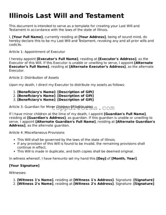 Last Will and Testament Document for Illinois State