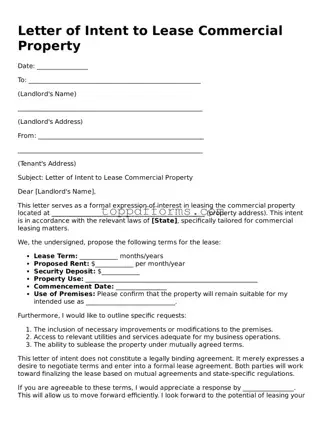 Free Letter of Intent to Lease Commercial Property Template