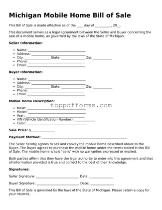 Mobile Home Bill of Sale Document for Michigan State