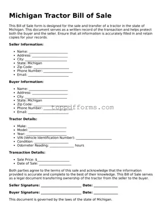Tractor Bill of Sale Document for Michigan State