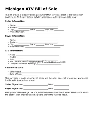 ATV Bill of Sale Document for Michigan State