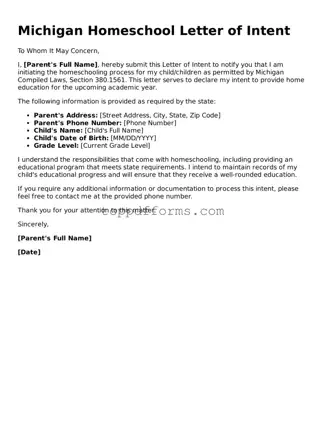 Homeschool Letter of Intent Document for Michigan State