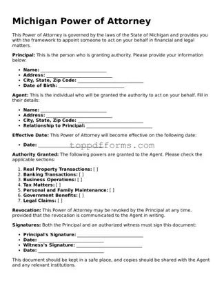 Power of Attorney Document for Michigan State