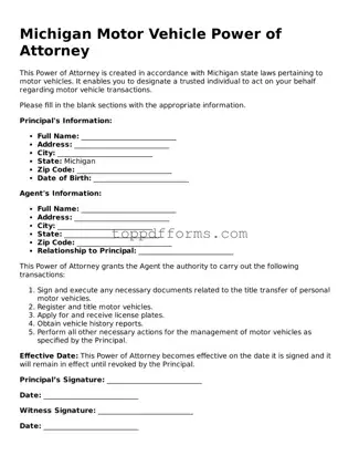 Motor Vehicle Power of Attorney Document for Michigan State