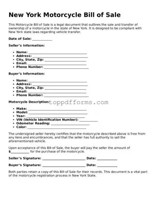 Motorcycle Bill of Sale Document for New York State