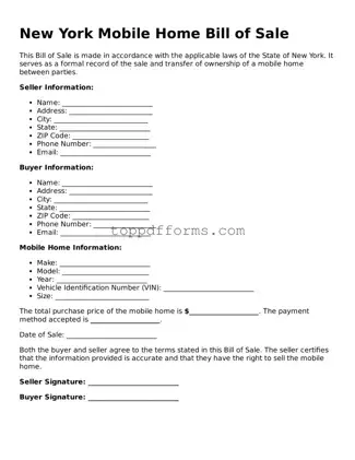 Mobile Home Bill of Sale Document for New York State