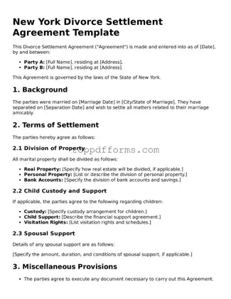 Divorce Settlement Agreement Document for New York State