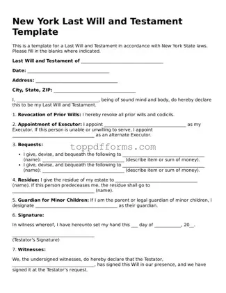 Last Will and Testament Document for New York State