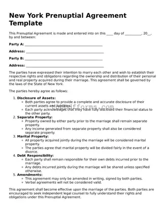 Prenuptial Agreement Document for New York State