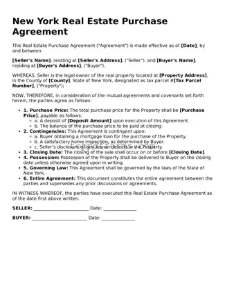 Real Estate Purchase Agreement Document for New York State